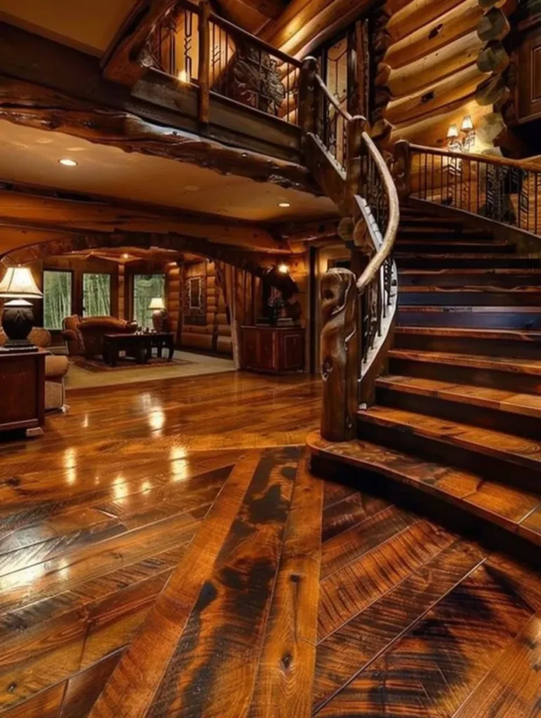 Rustic home with grand log staircase