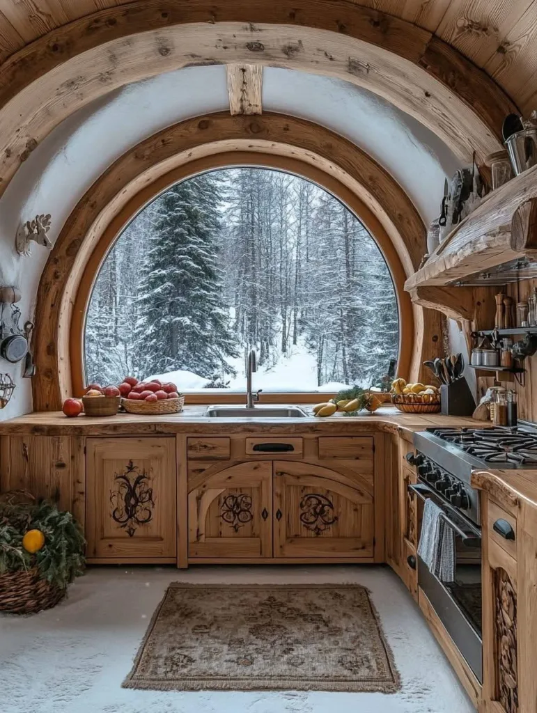 Rustic kitchen with arched window