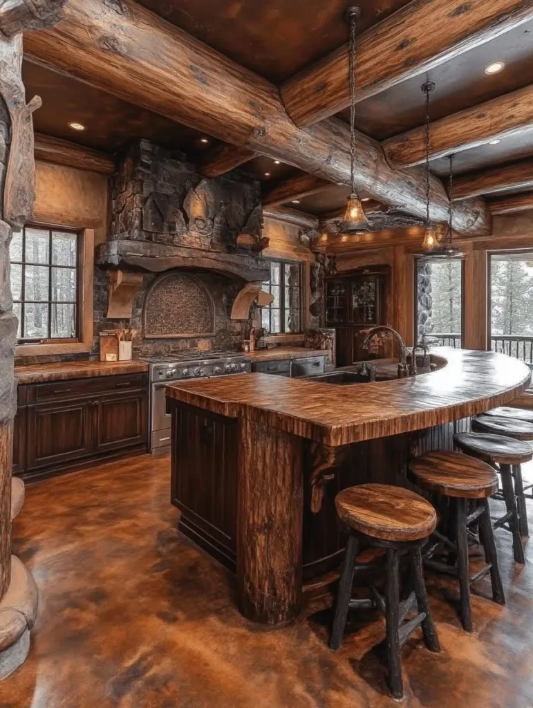 Rustic kitchen with wood and stone elements