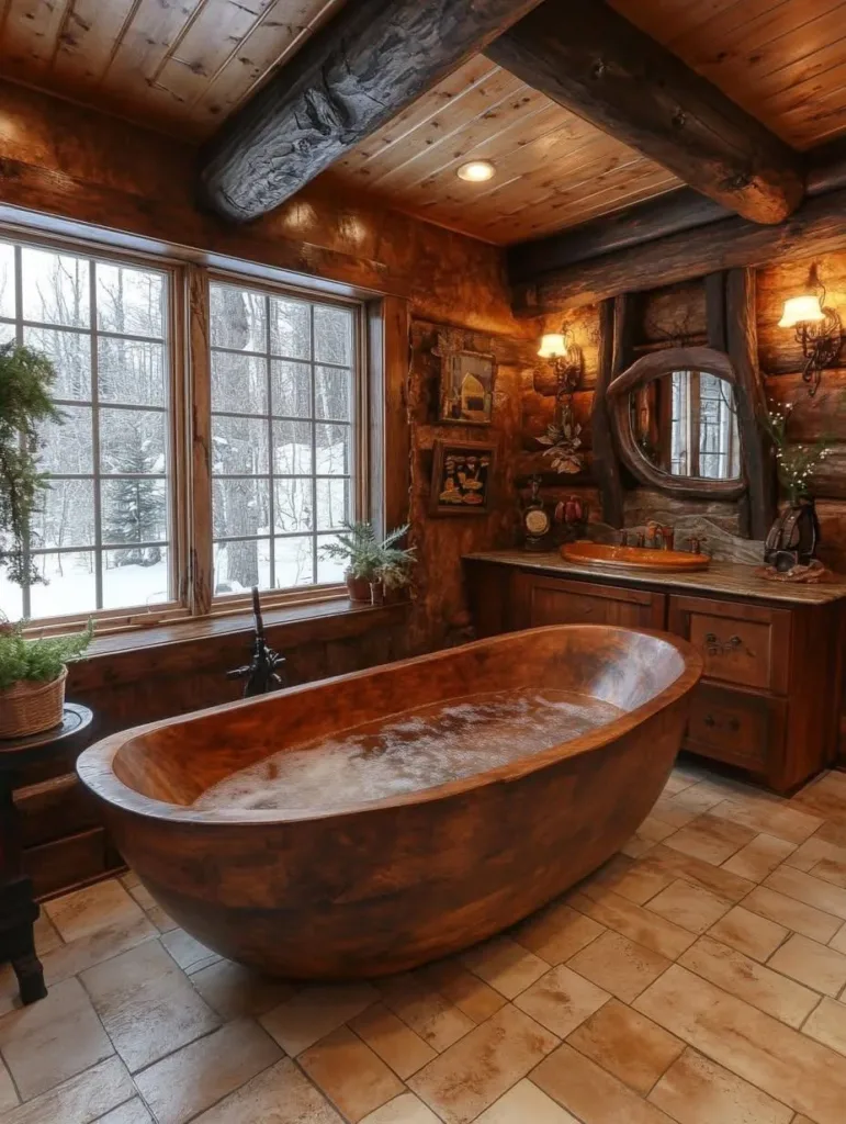 Rustic bathroom with freestanding wood bathtub