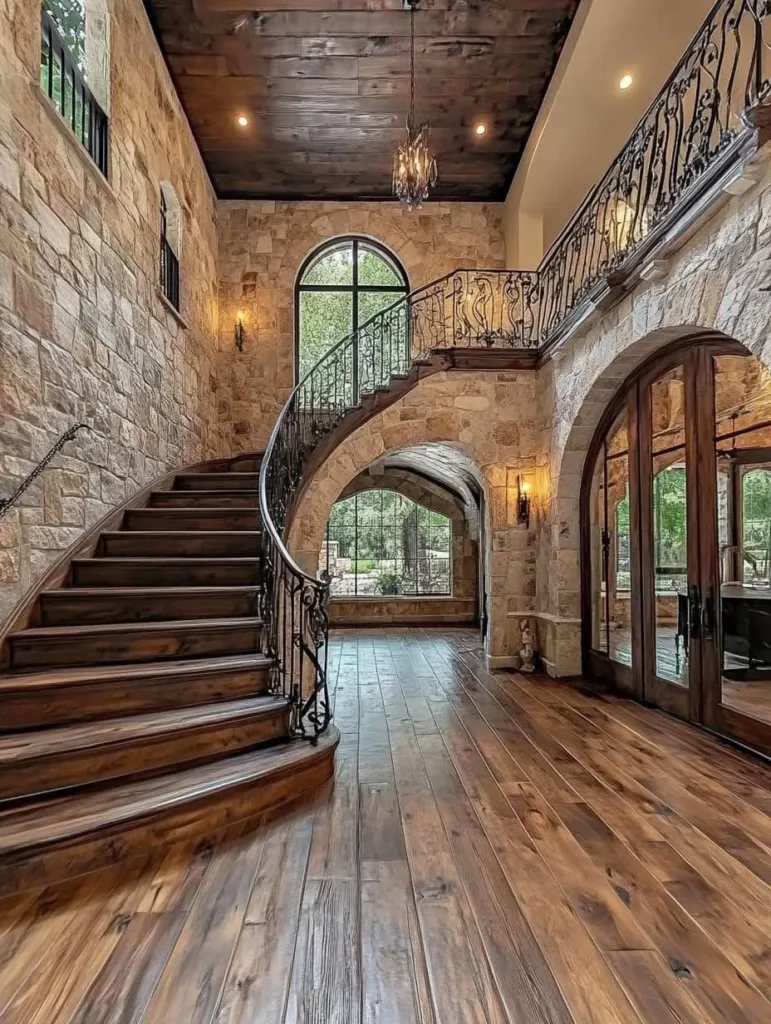 Rustic home with grand stone entrance