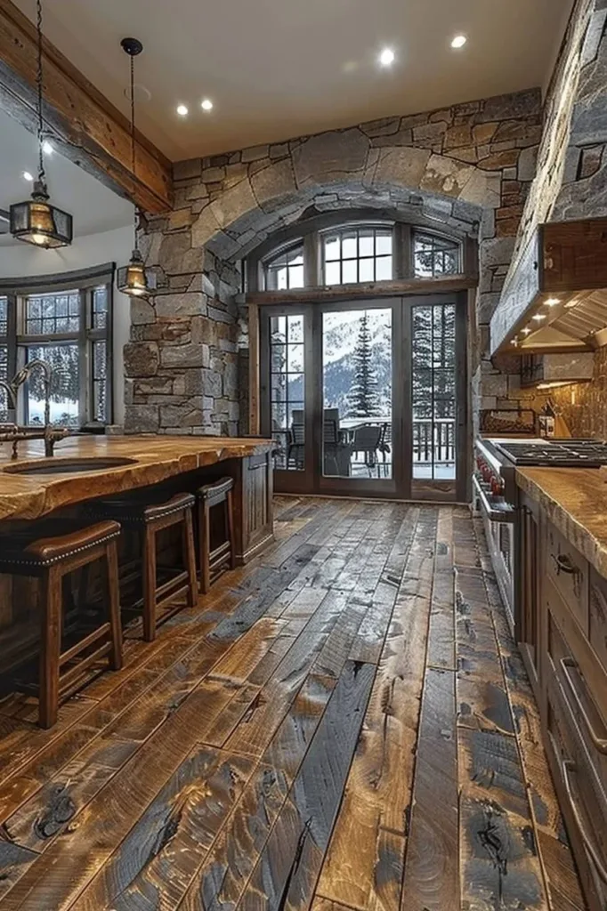 Rustic kitchen with stone archway framing view