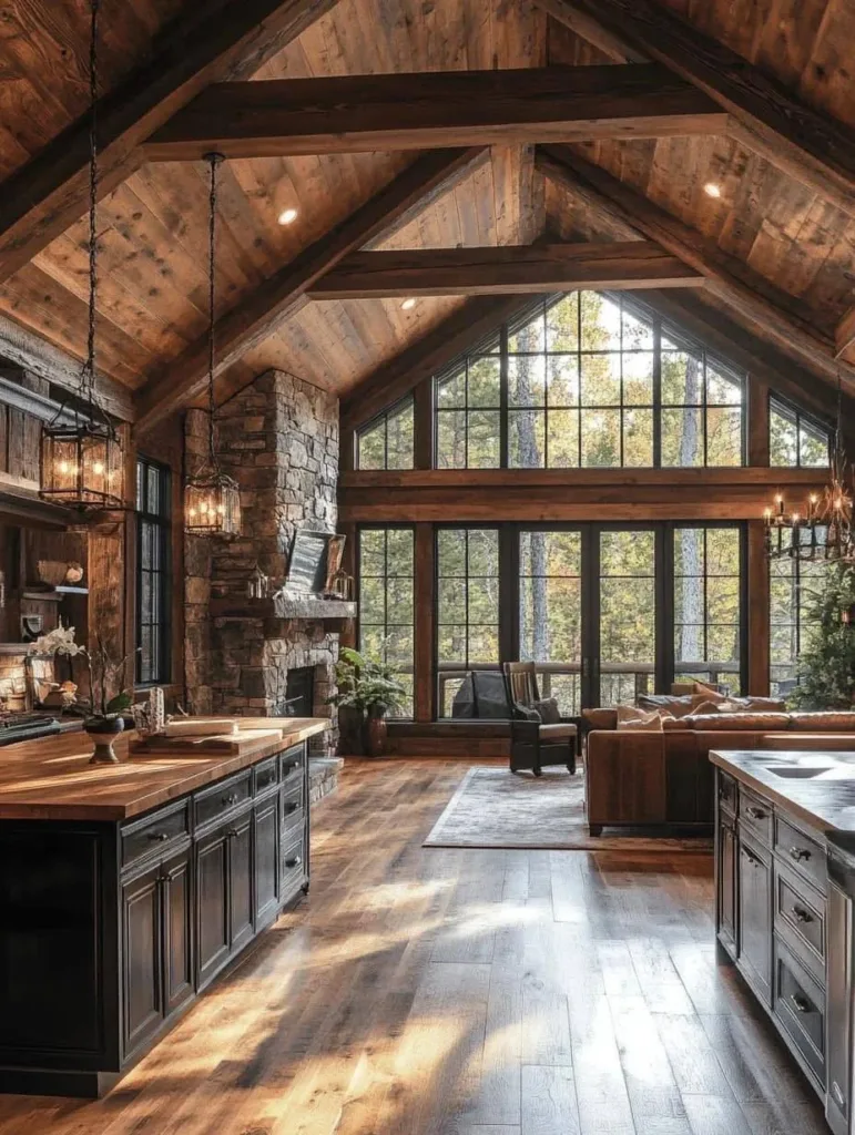 Rustic open-concept living space with vaulted ceiling