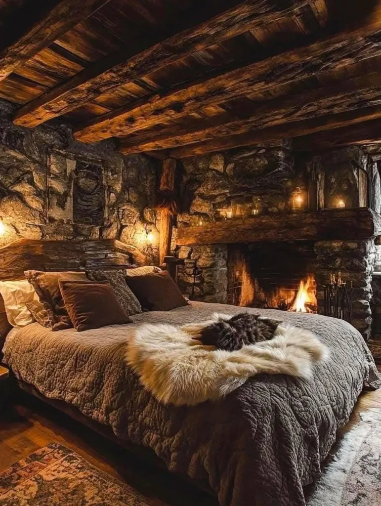 Rustic bedroom with stone fireplace