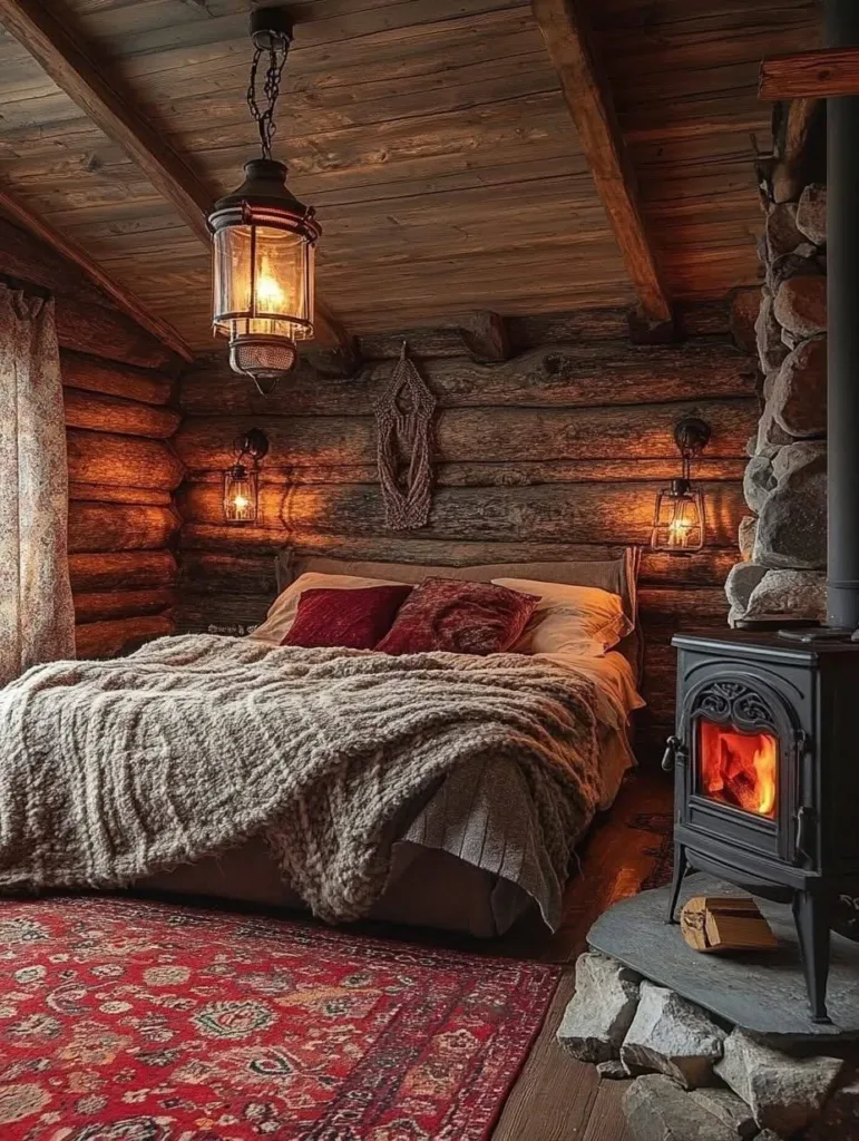 Rustic bedroom with wood-burning stove