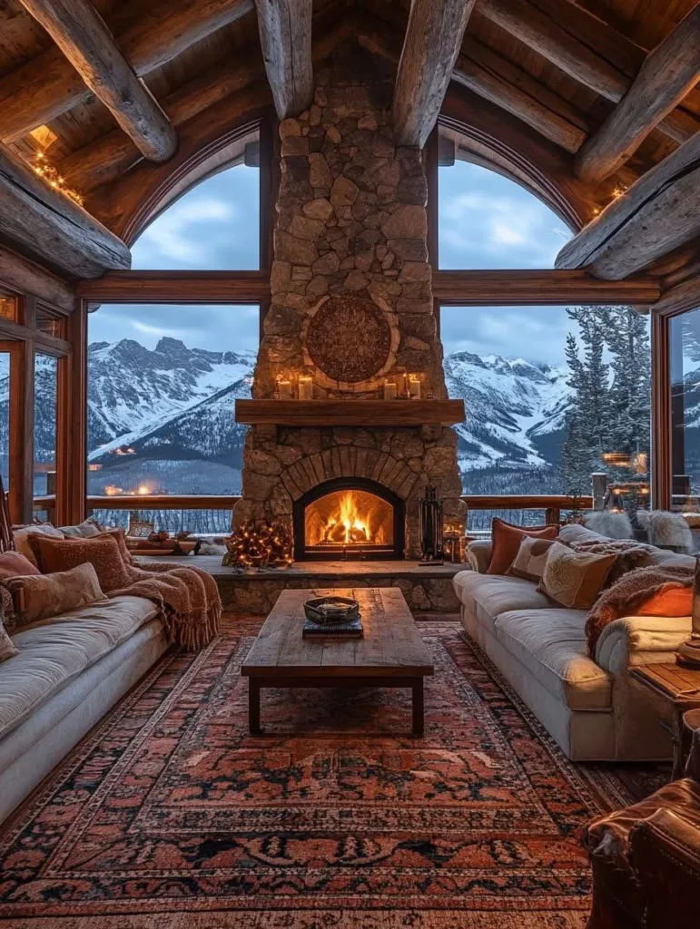 Rustic mountain cabin with large windows and view