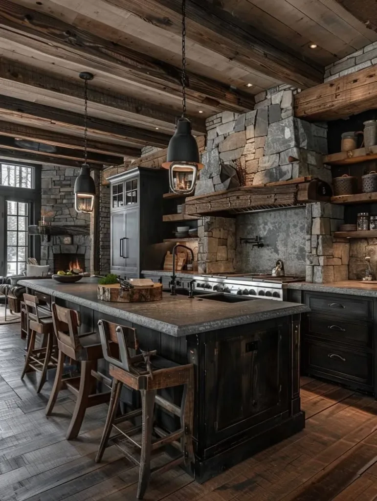 Rustic kitchen with industrial-style lighting