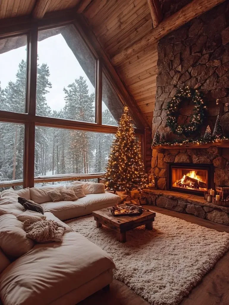 Cozy cabin living room with Christmas tree