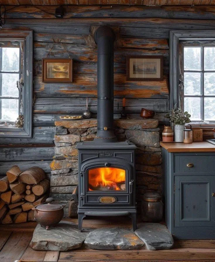 Rustic cabin interior with wood-burning stove