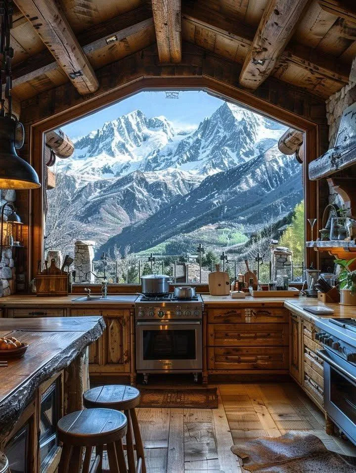 Rustic kitchen with large window and mountain view