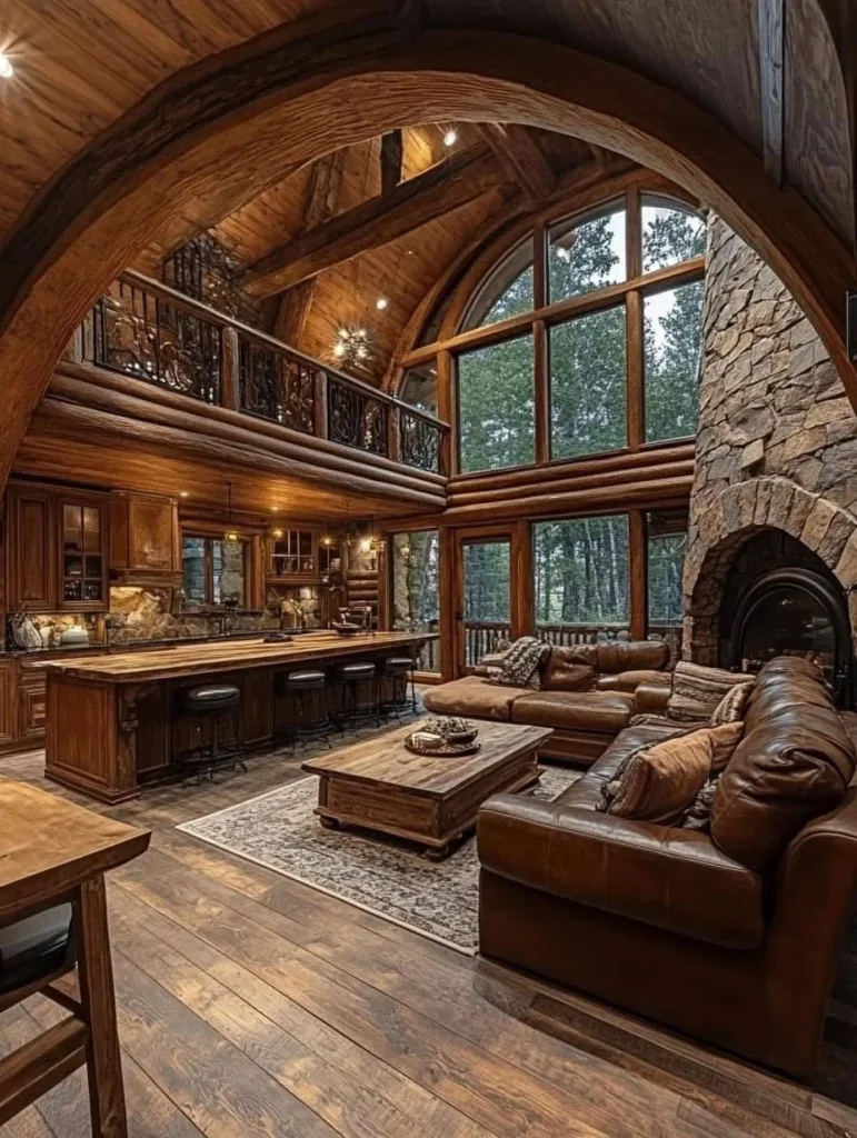 Dramatic interior of a spacious log cabin