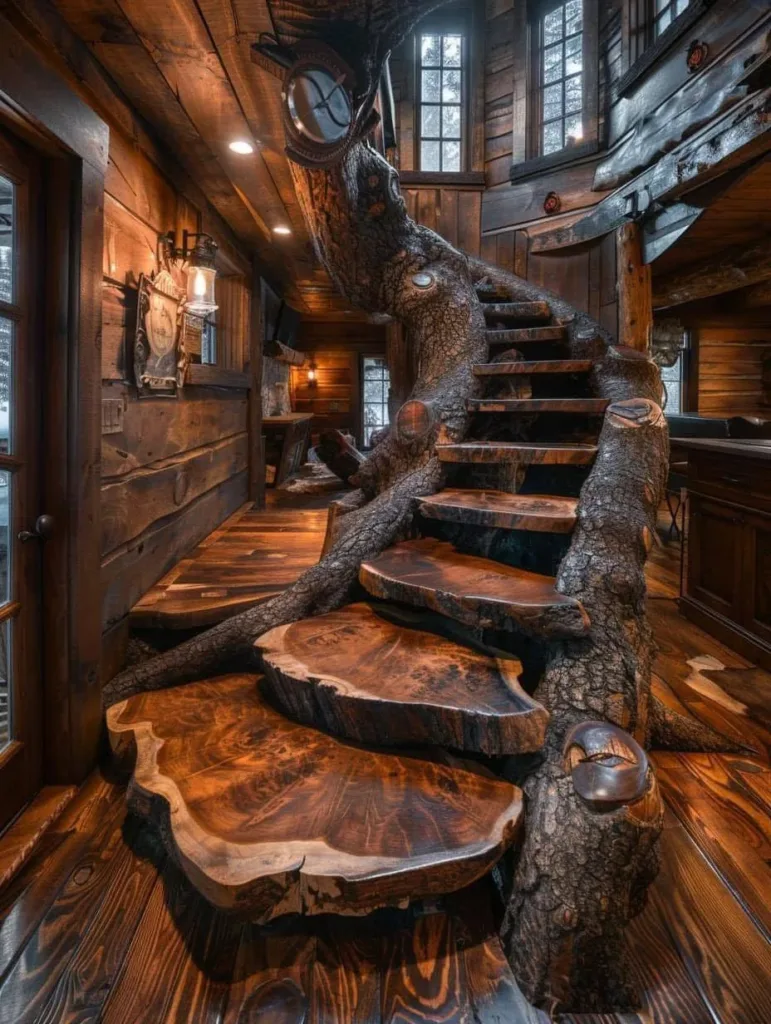 Rustic log cabin stairs