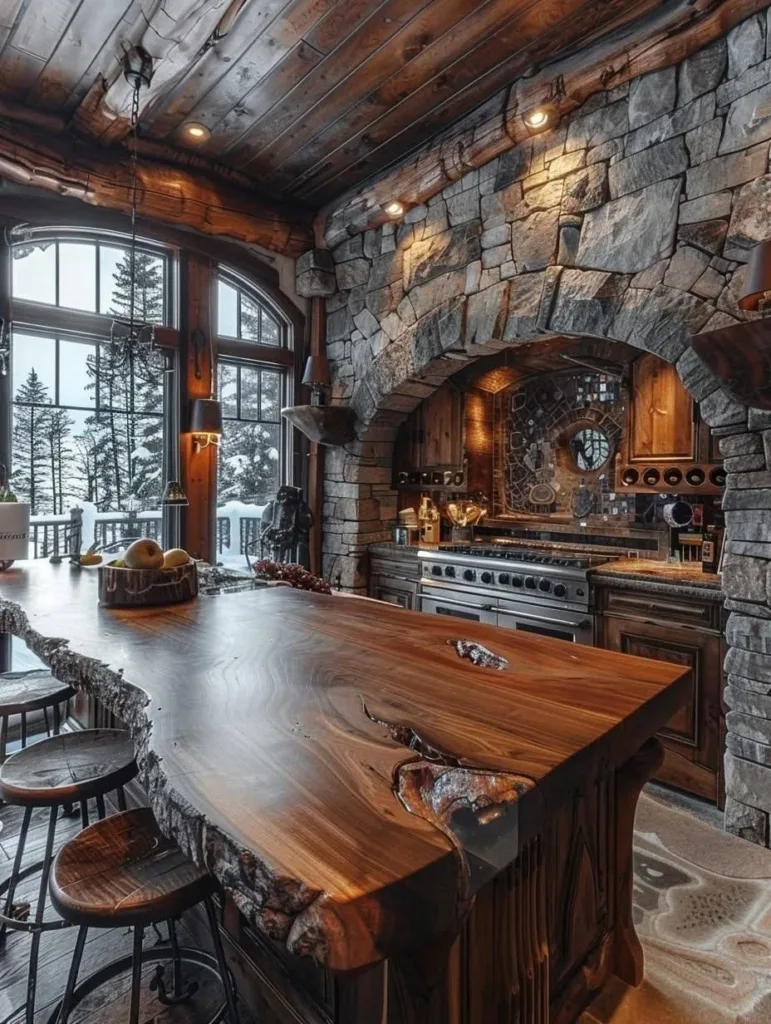 Rustic kitchen with live-edge wood slab countertop