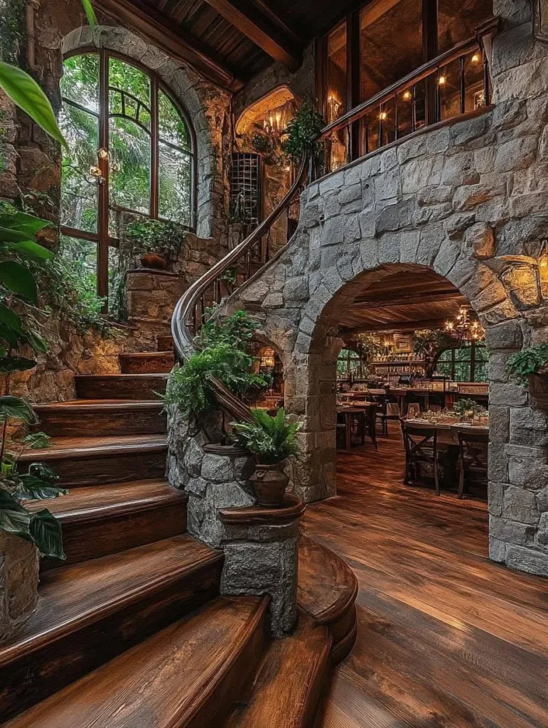 Rustic interior with stone archways and plants