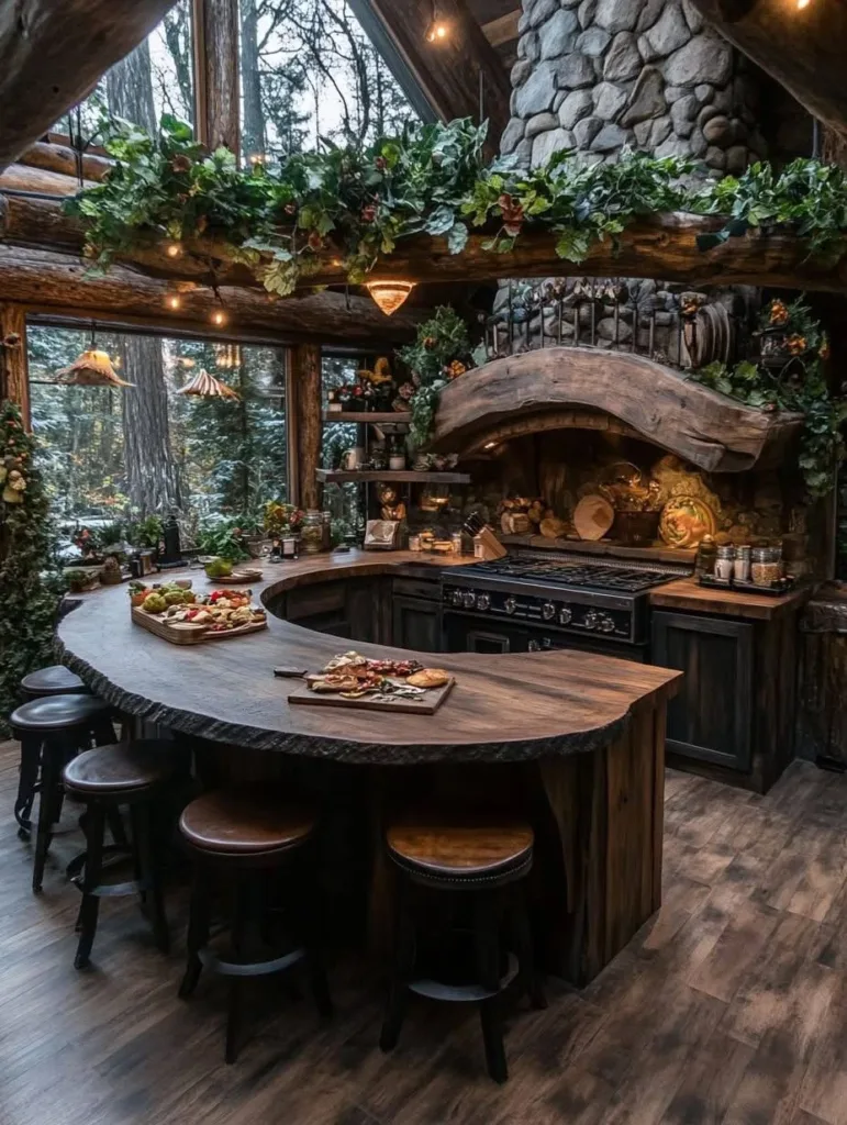 Rustic kitchen with live-edge countertop and greenery