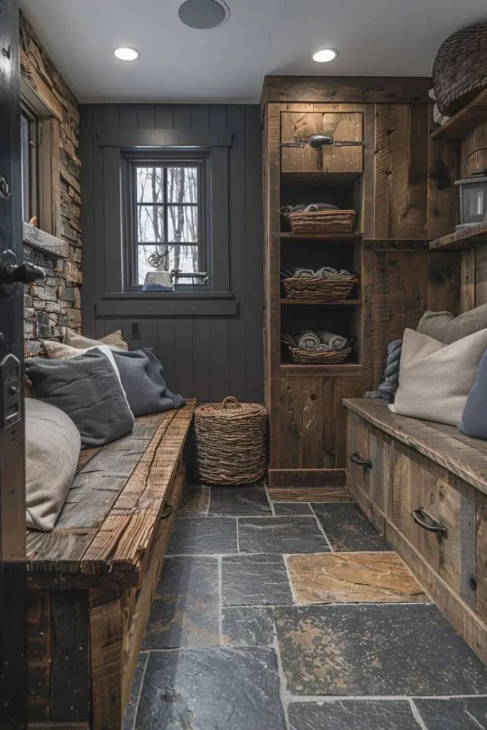 Rustic mudroom with built-in storage