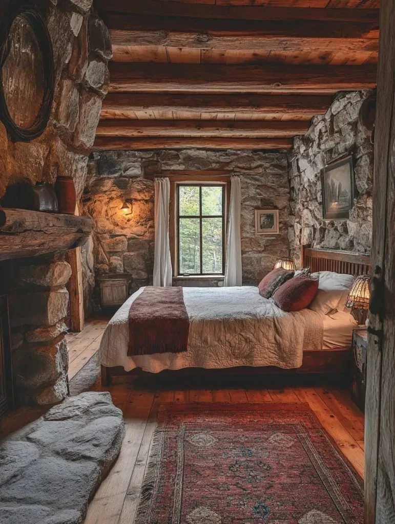 Rustic bedroom with stone accent wall