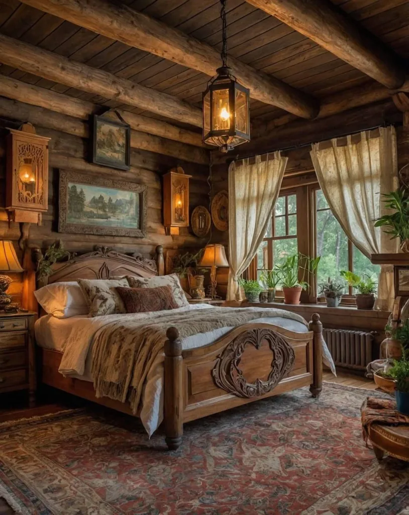 Rustic bedroom with antique wall decor