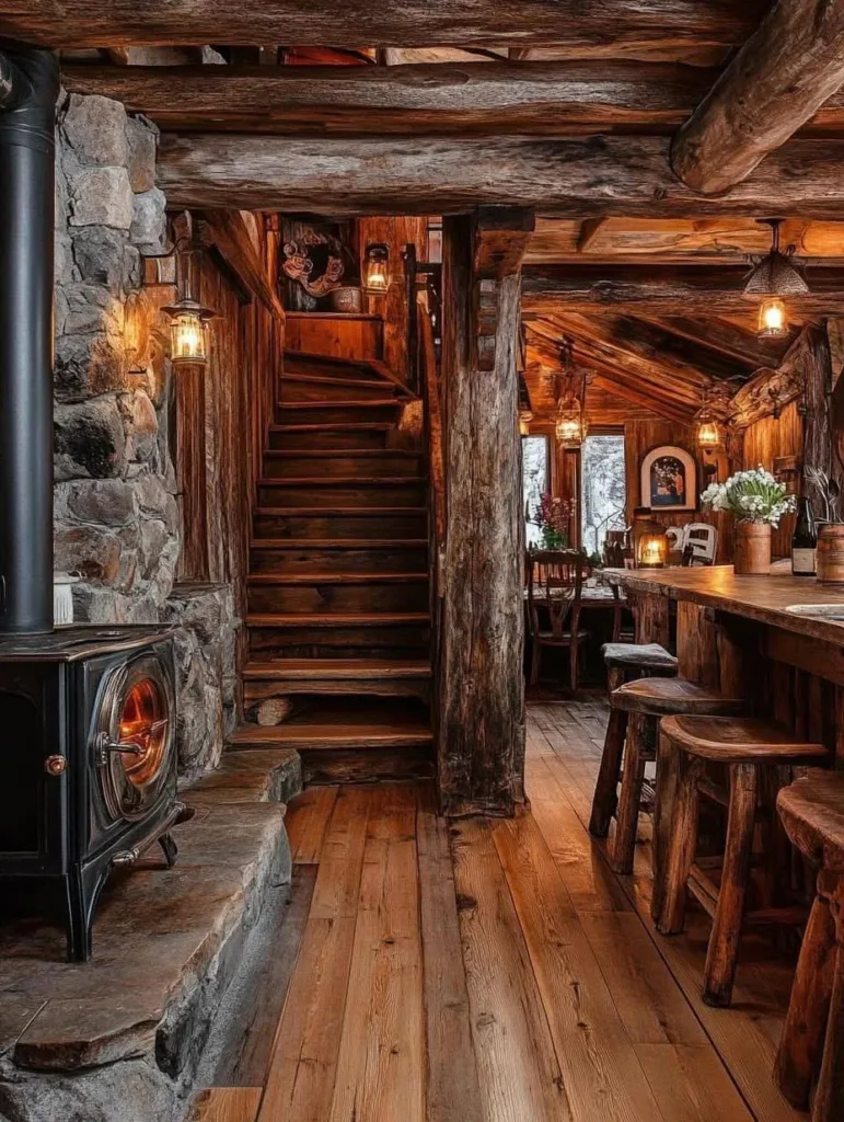 Cabin interior with stairway and wood-burning stove