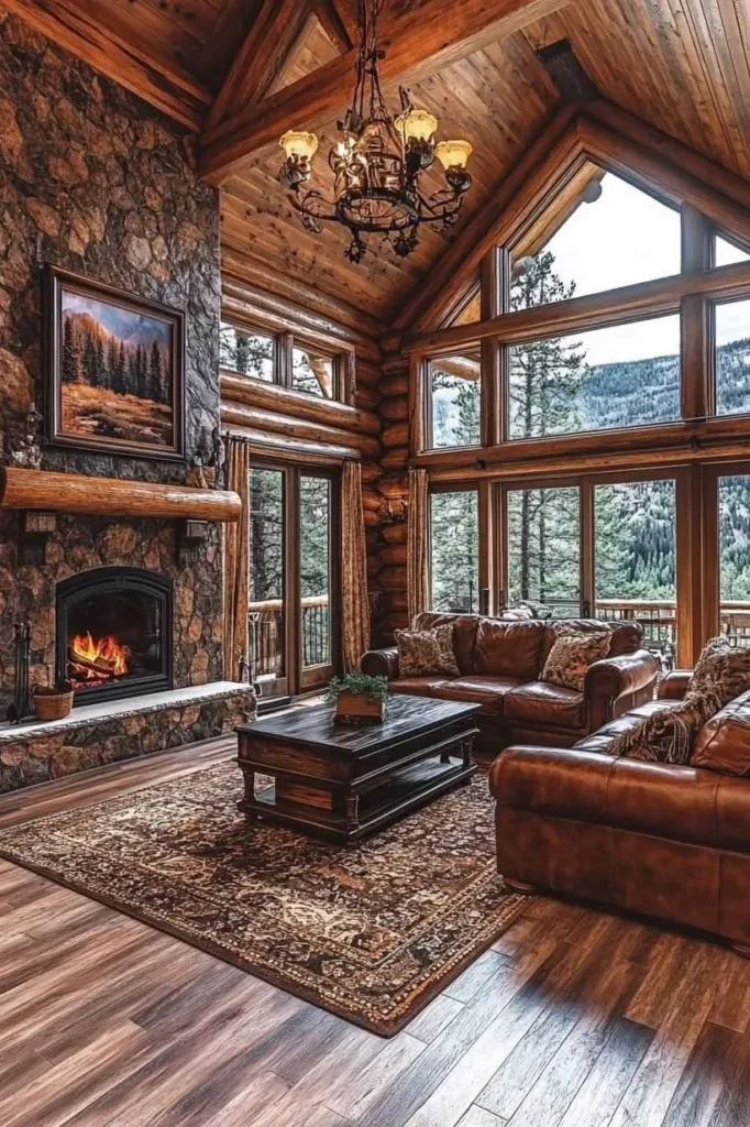 Rustic log cabin living room with stone fireplace