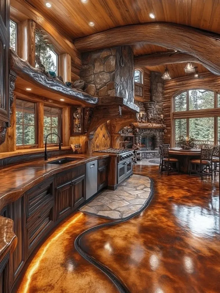 Rustic kitchen with unique stone and concrete floor