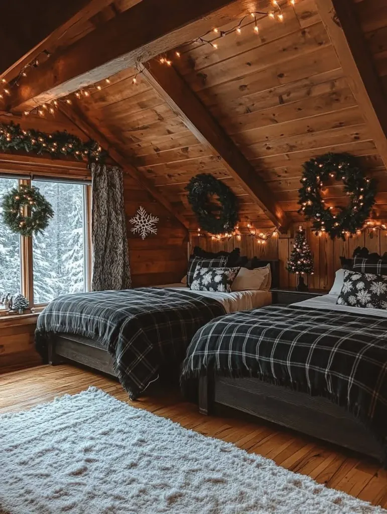 Rustic bedroom with string lights and holiday decor