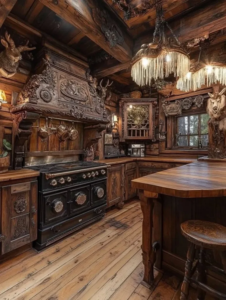 Rustic kitchen with ornate wood carvings