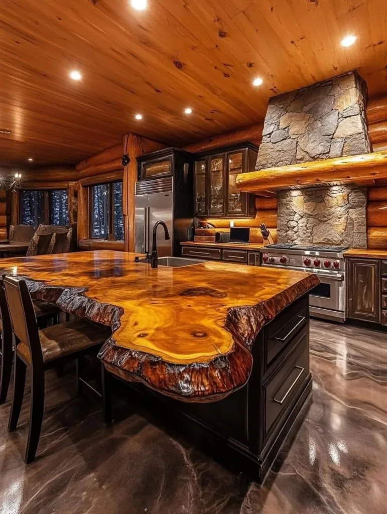 Rustic kitchen with large live-edge wood island