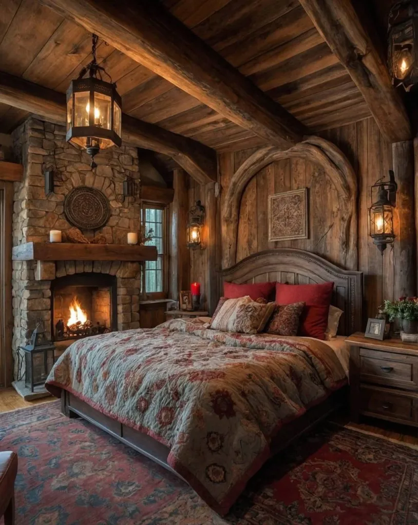 Rustic bedroom with lantern lighting