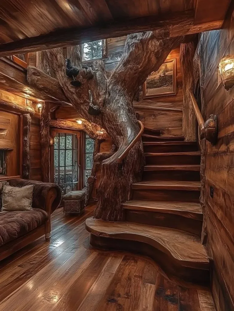 Rustic treehouse staircase built around a tree