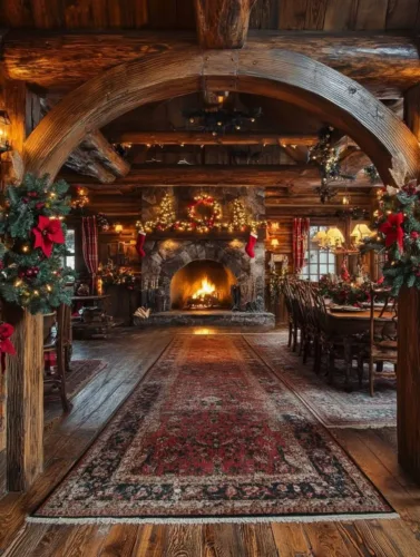 Rustic cabin decorated for Christmas