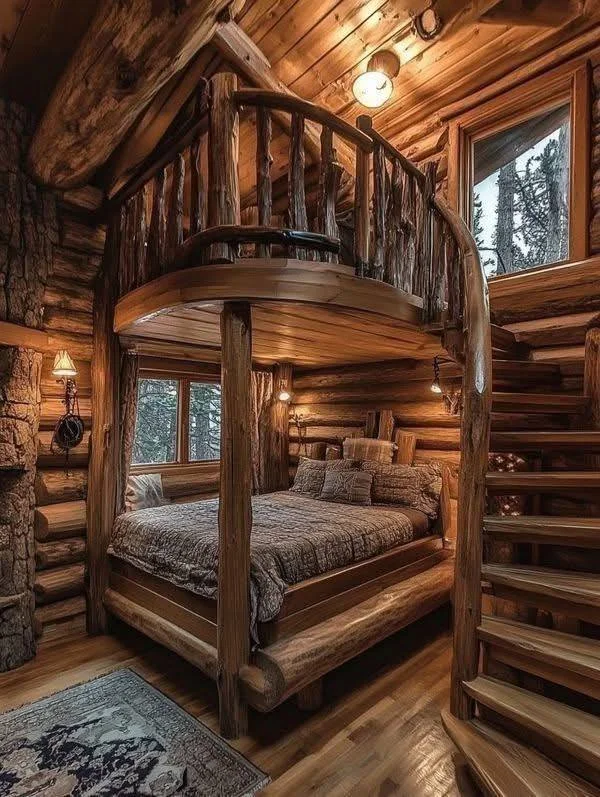 Rustic log cabin bedroom with loft