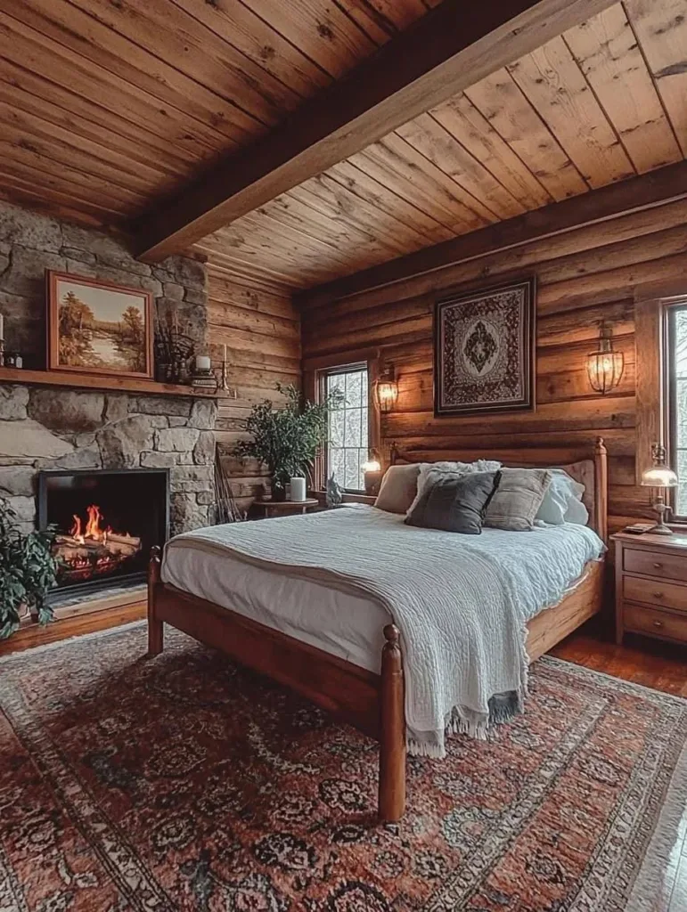 Rustic bedroom with large stone fireplace