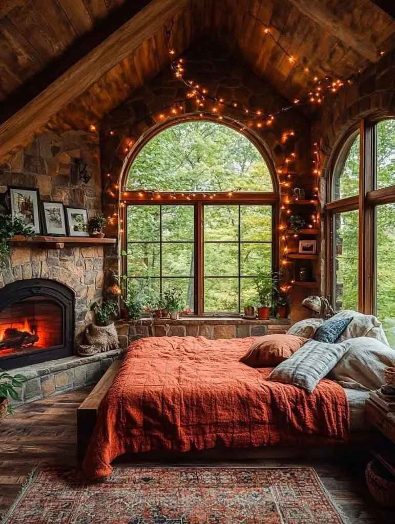 Rustic bedroom with arched window and string lights