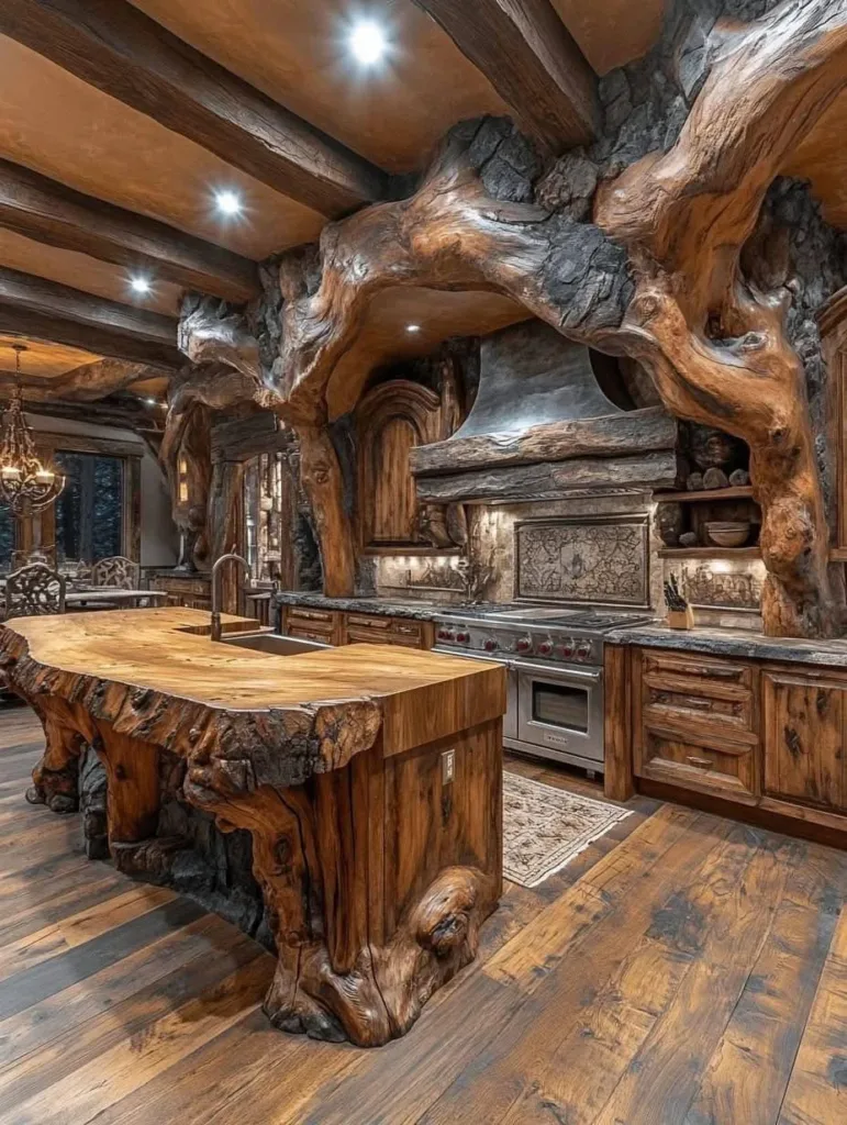 Rustic kitchen with tree trunks incorporated into design