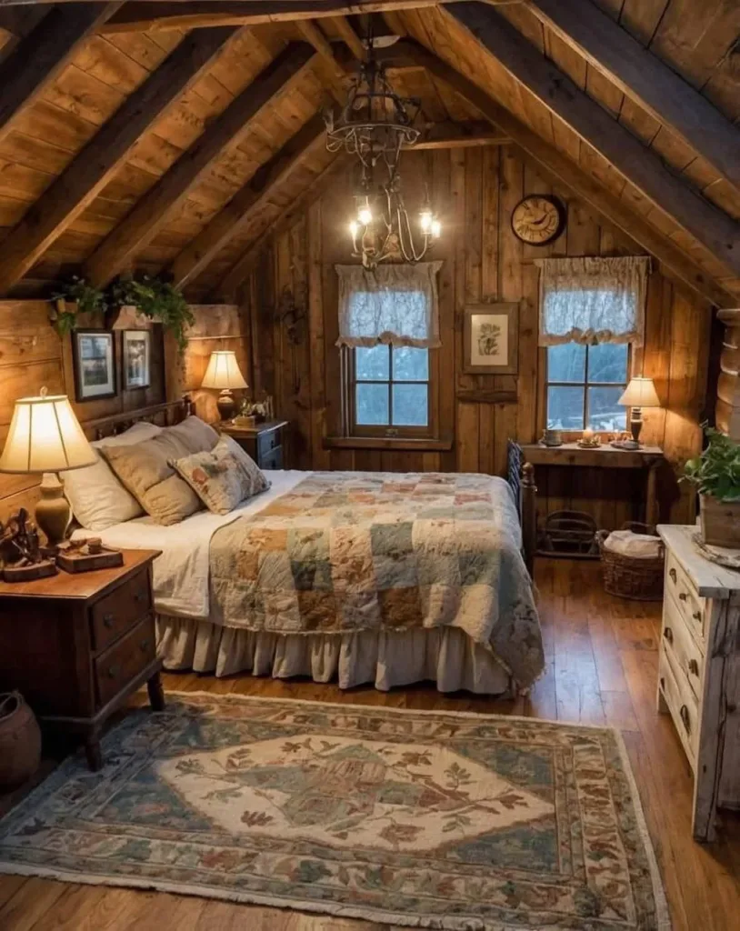 Rustic attic bedroom with wood paneling