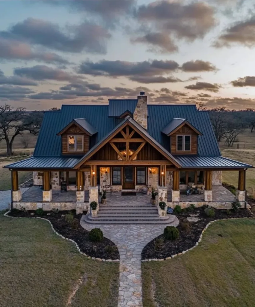 Farmhouse exterior with stone walkway and wood accents