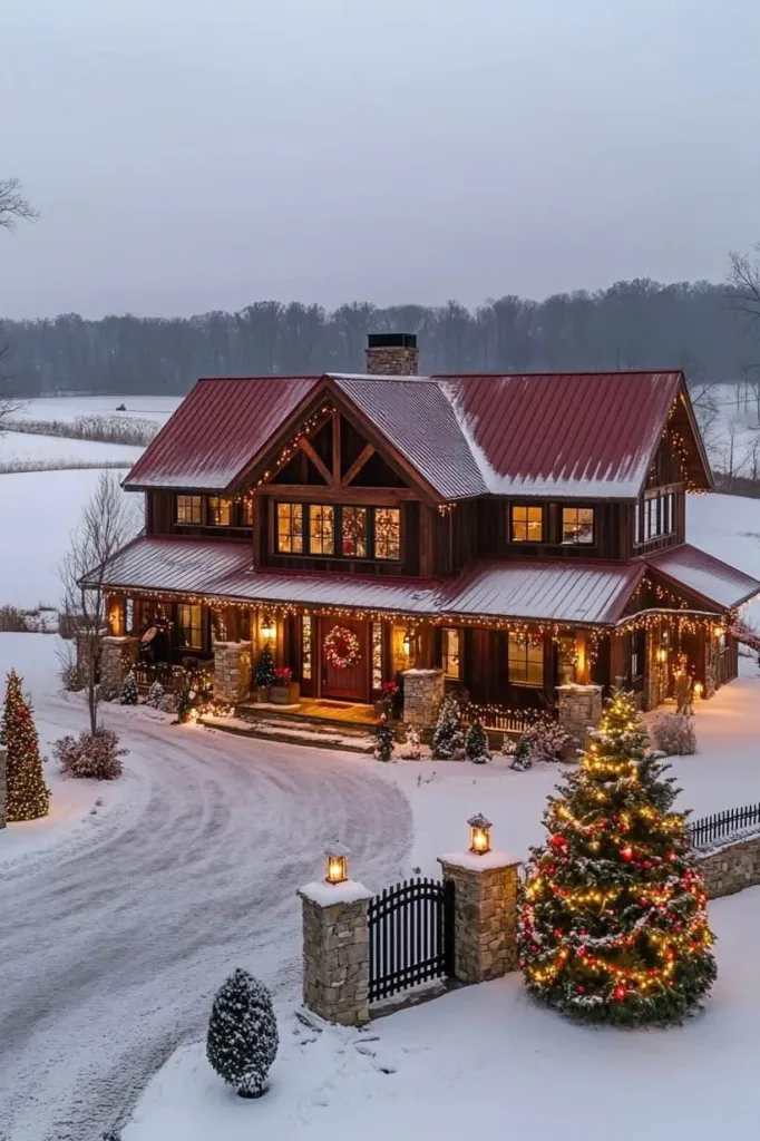 Farmhouse with a red roof, wood siding, and Christmas decorations in the snow