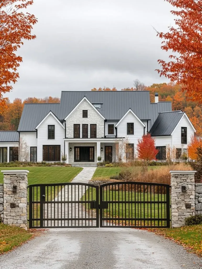 Modern farmhouse with a metal gate, stone pillars, and a mix of siding materials.