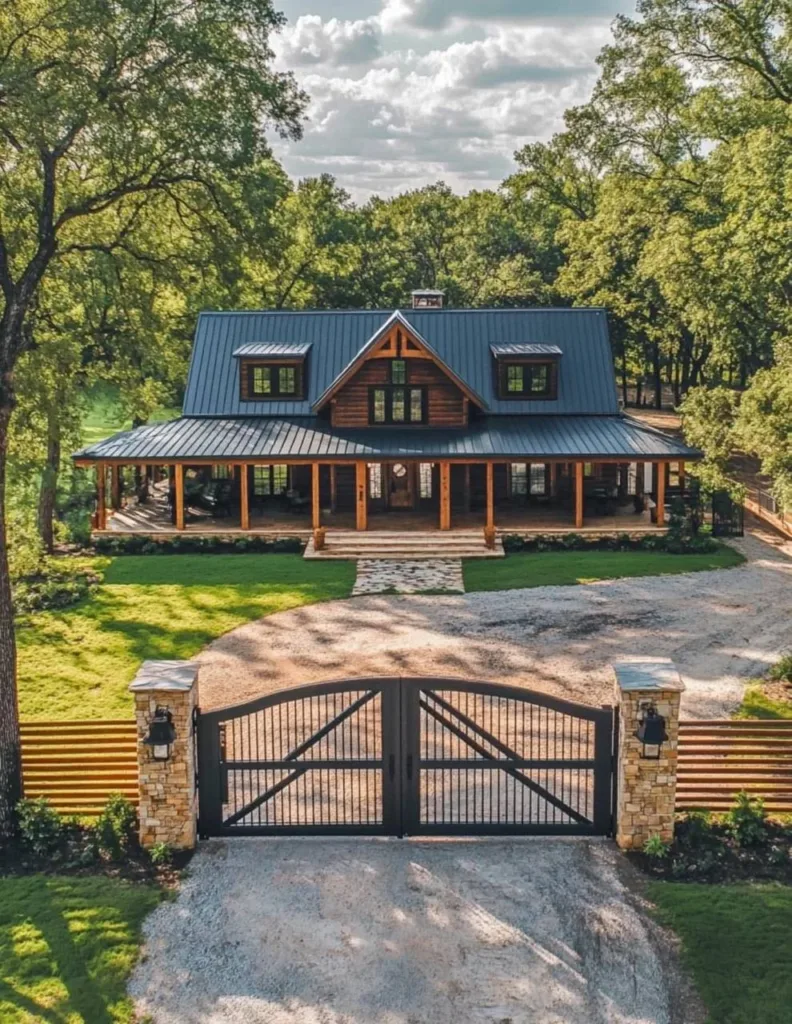 Farmhouse with a gable roof, dark wood siding, a wrap-around porch, and a gated entrance.