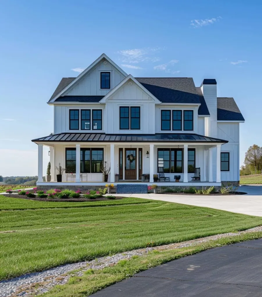 White farmhouse with board-and-batten siding, black accents, and a wrap-around porch