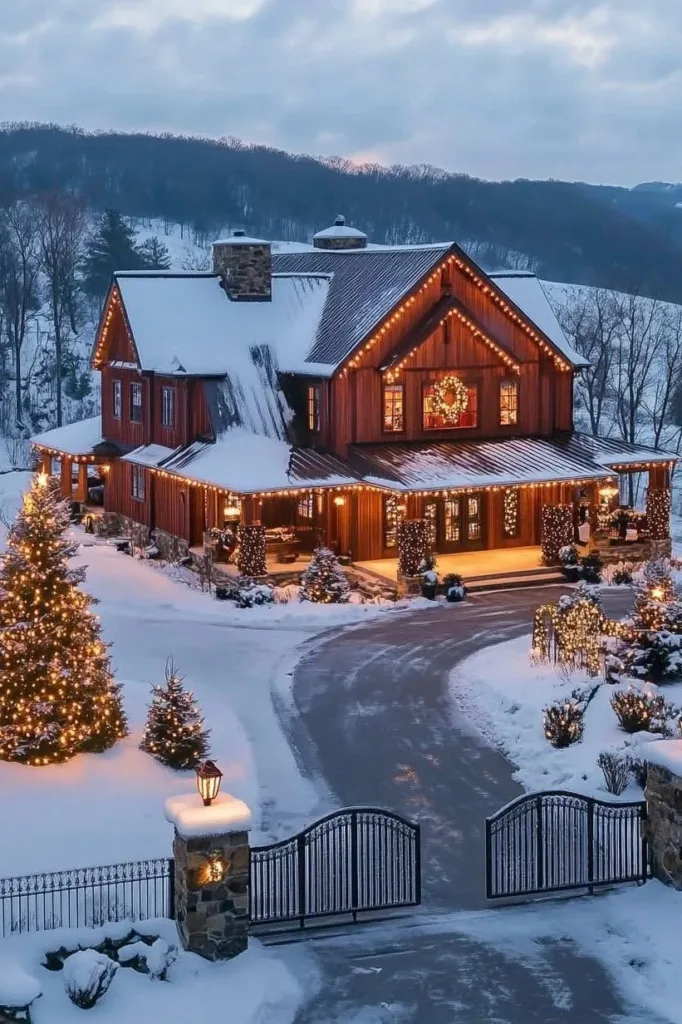 Farmhouse exterior decorated with Christmas lights and snow