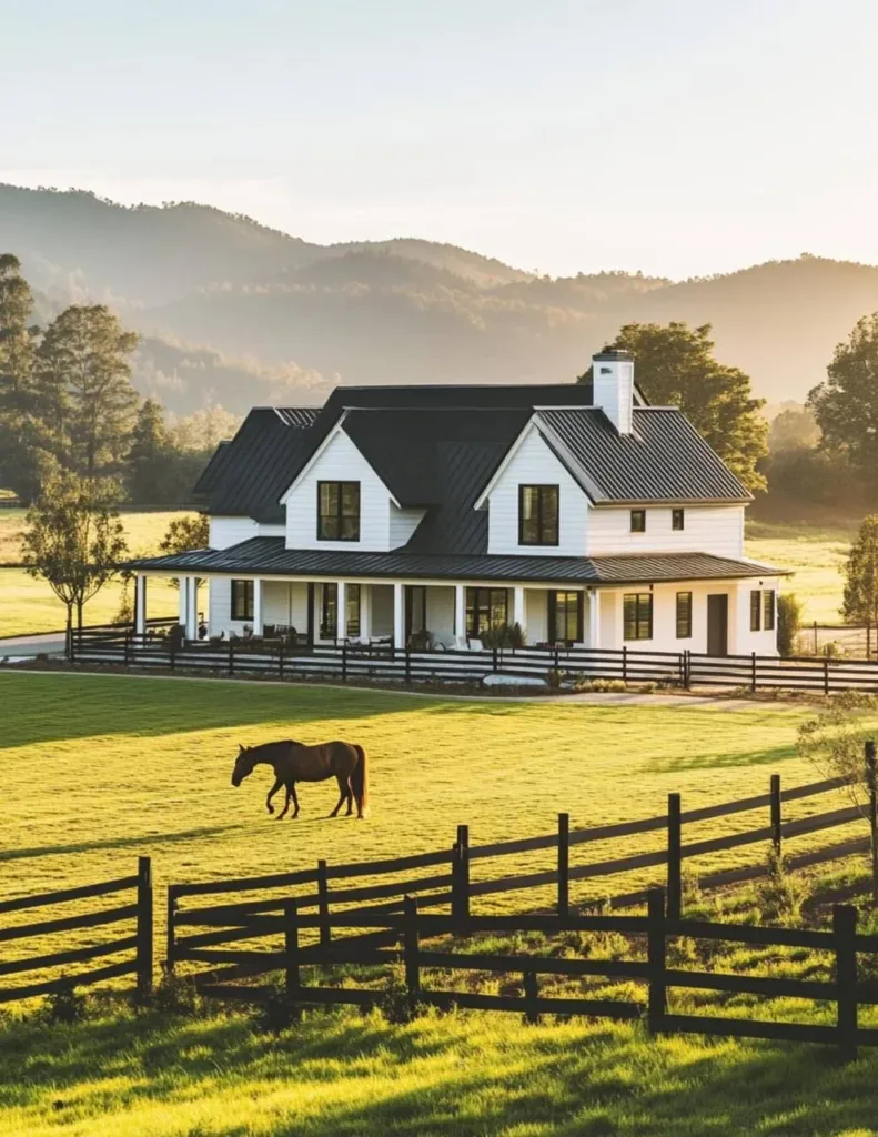 White farmhouse with a dark wood fence, a large lawn, and rolling hills in the background