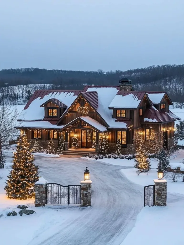 Rustic farmhouse with wood siding, a red roof, and Christmas lights, surrounded by snow.