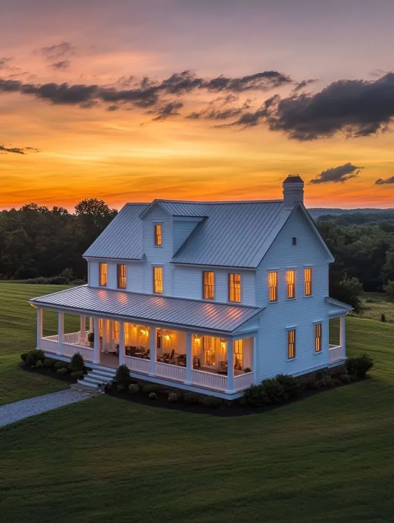 White farmhouse with a light gray metal roof, wrap-around porch, and landscape lighting.