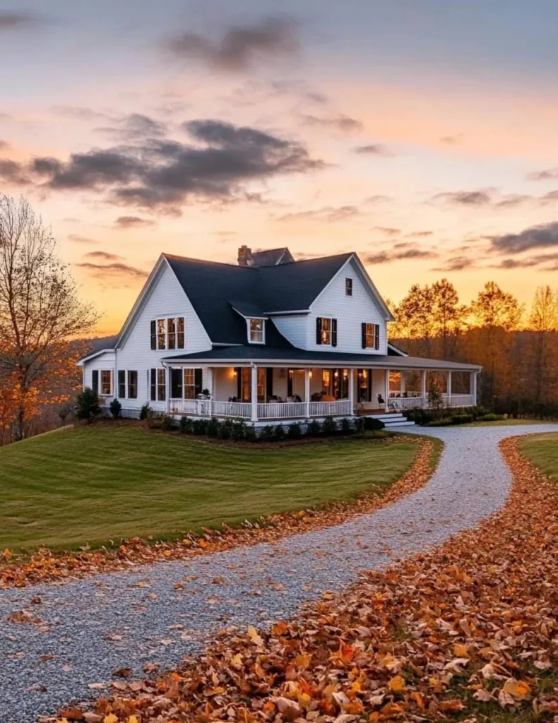 White farmhouse with wraparound porch, black roof, and gravel pathway.