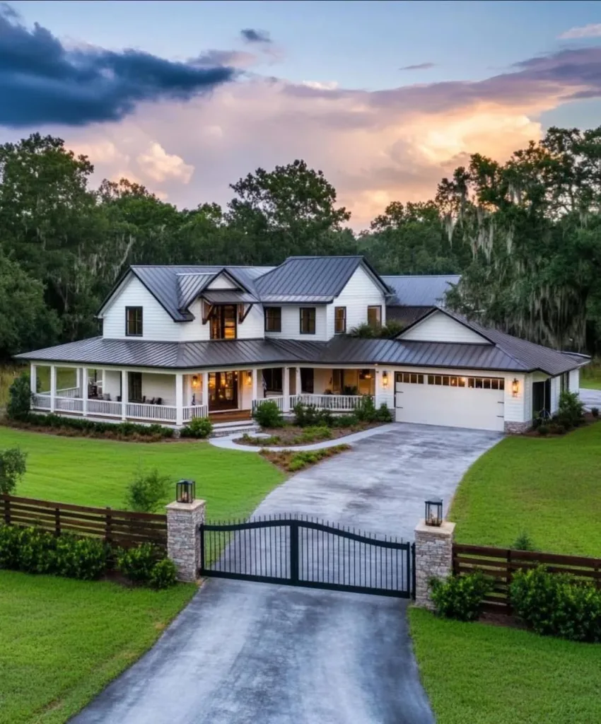 White farmhouse with a dark metal roof, a gated entrance with stone pillars, and a long driveway.