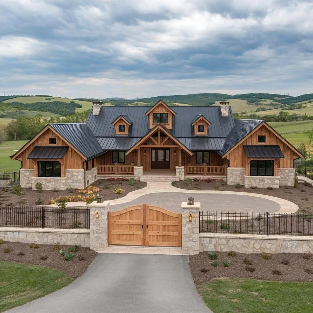 Farmhouse with a wooden gate, stone accents, a metal roof, and wood siding.