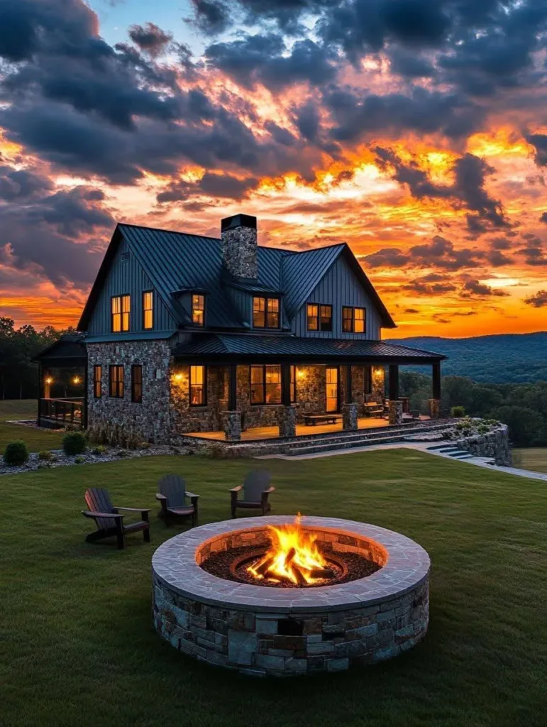 Stone-clad farmhouse with a metal roof, a large porch, and a built-in fire pit, bathed in the warm light of a sunset.