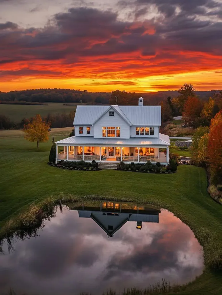 White farmhouse with a wrap-around porch and a reflecting pond in the foreground, set against a vibrant sunset.